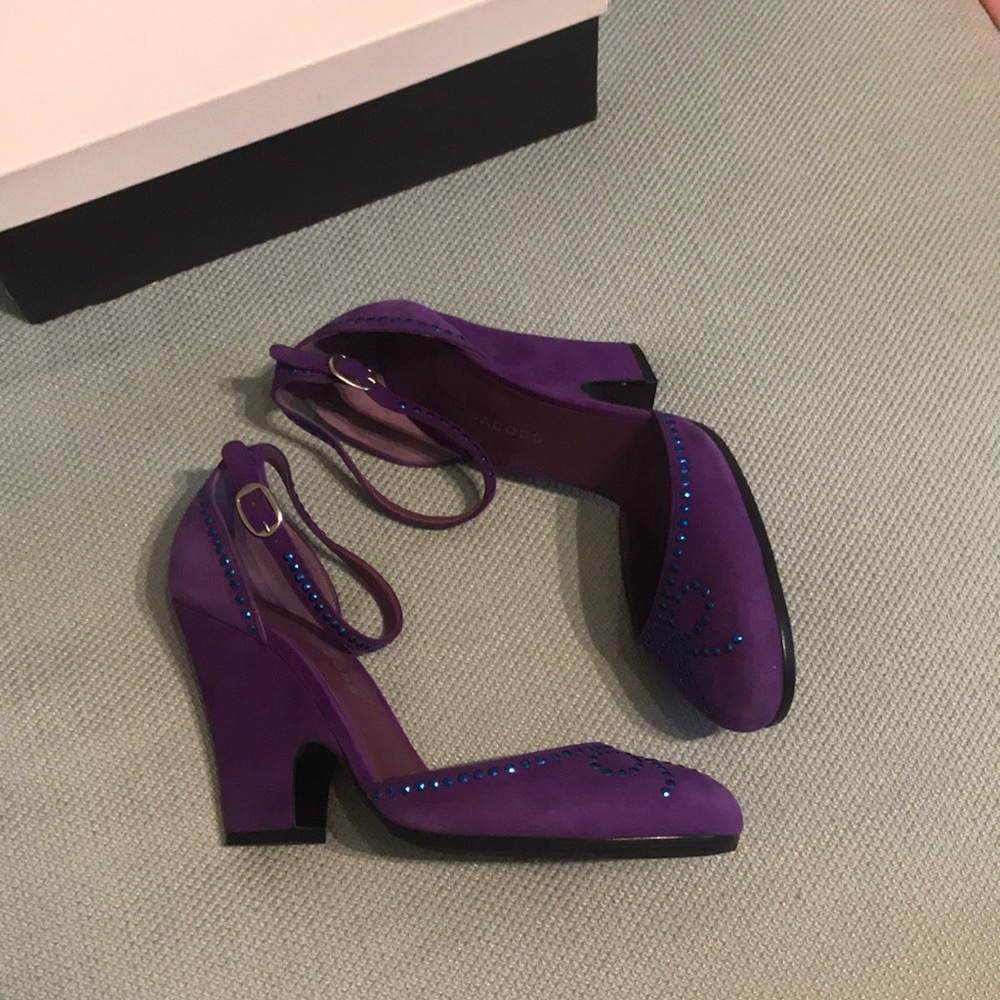 Vintage Marc Jacobs Purple Suede Rhinestone Bow Wedge Heel - Picture 4 of 11